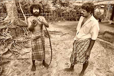 A Wanniya-laeto tribesman tightens his bow string in his village, Dambana, Sri Lanka