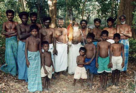 Tamil-speaking Vedda men and boys who walked from Mutur (Trinco Dist.) in the Kataragama Pada Yatra, 2001