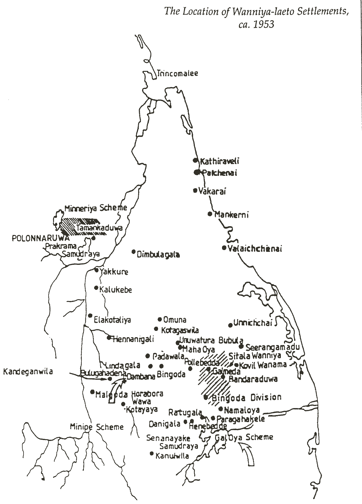 Traditional Wanniya-laeto hamlets in Sri Lanka. Map at quarter scale. Click on map to view at 100% scale.