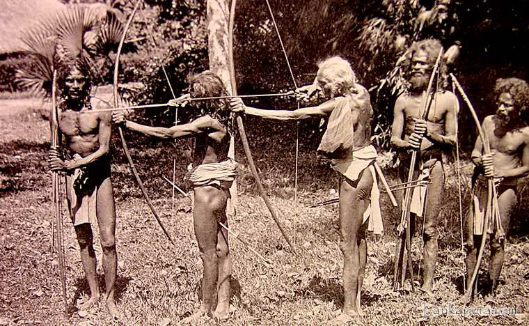 Veddahs with their primitive weapons in Ceylon